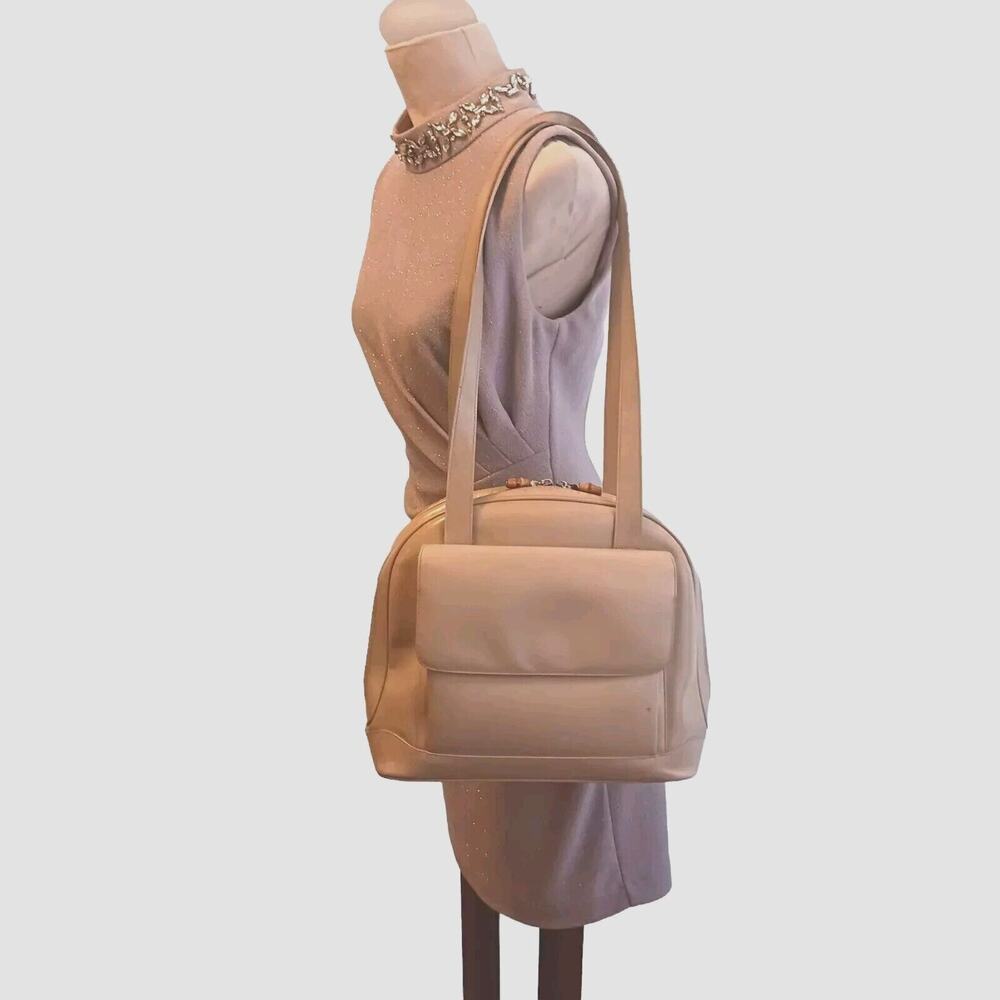Gucci Shoulder Bag 12" Beige Patent Leather Bamboo Zipper Pull Avante Garde VNTG